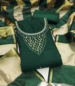 Women's green hand work chanderi dress material