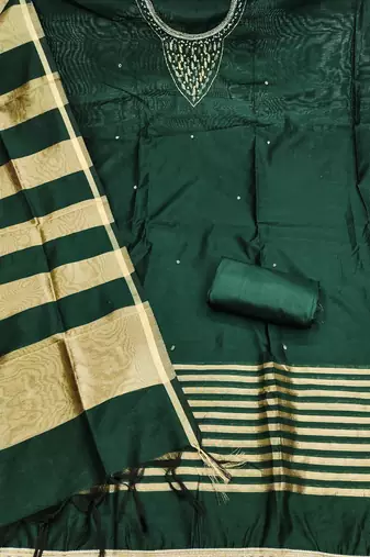  green hand work chanderi dress material