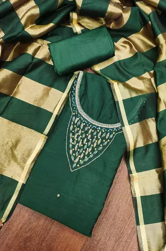  green hand work chanderi dress material