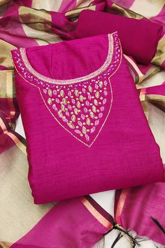 Women's magenta hand work chanderi dress material