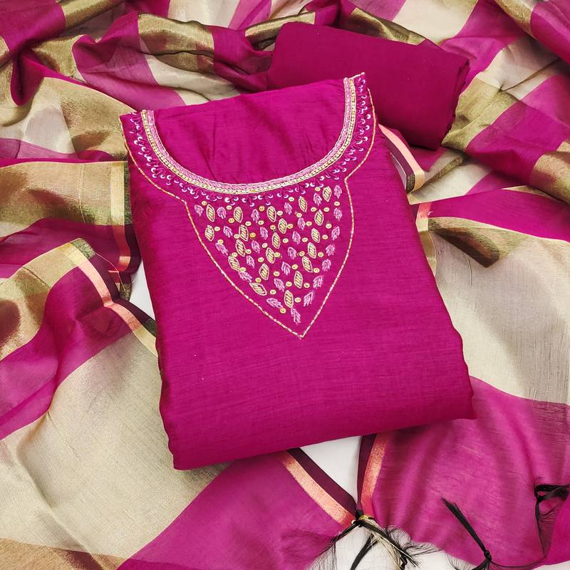 Women's magenta hand work chanderi dress material