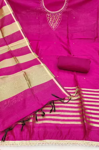  magenta hand work chanderi dress material