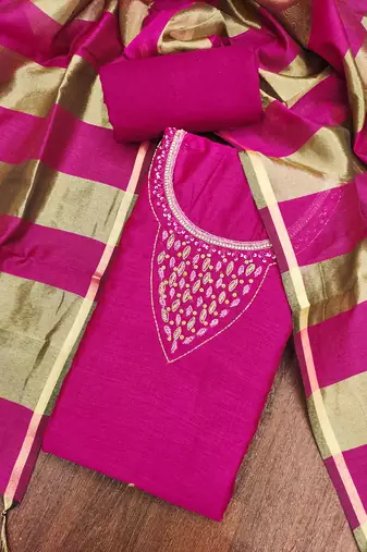  magenta hand work chanderi dress material