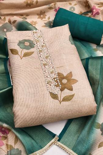 Women's beige hand work cotton silk dress material