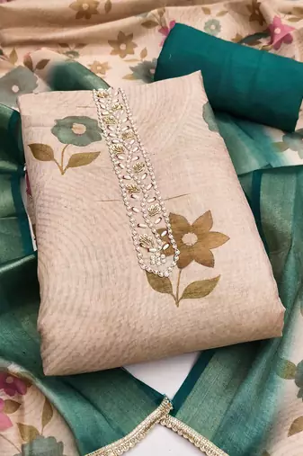 Women's beige hand work cotton silk dress material