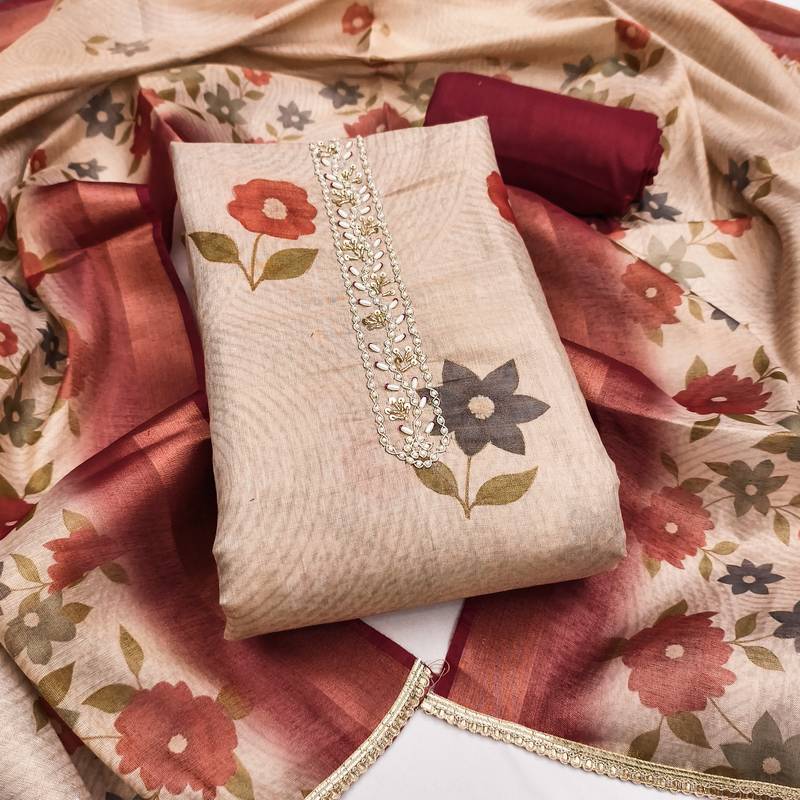 Women's beige hand work cotton silk dress material