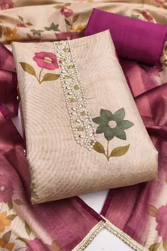 Women's beige hand work cotton silk dress material