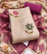 Women's beige hand work cotton silk dress material