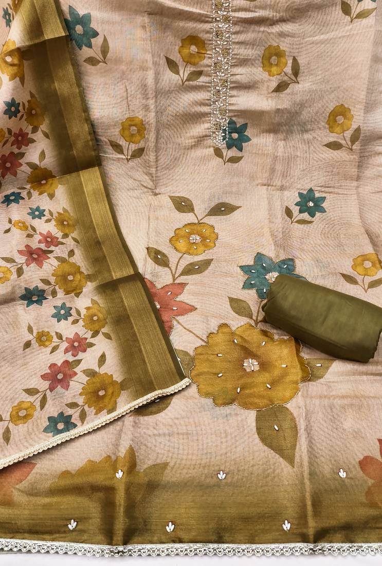 Women's beige hand work cotton silk dress material