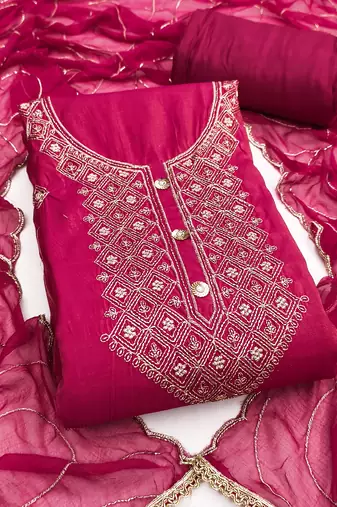 Women's magenta embroidery glass cotton dress material