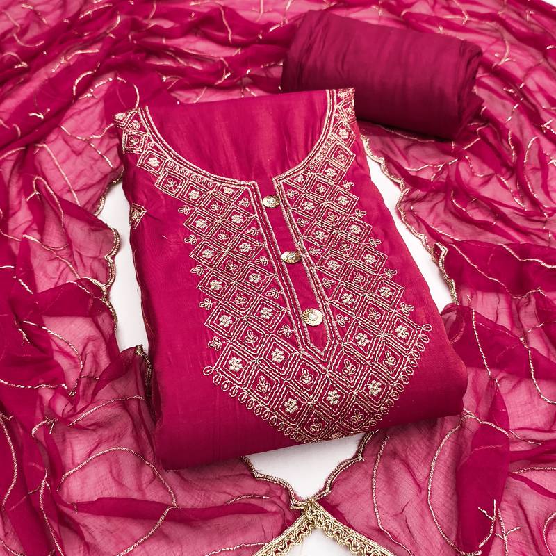 Women's magenta embroidery glass cotton dress material