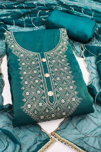Women's sea green embroidery cotton dress material