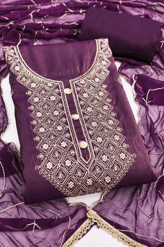 Women's purple embroidery glass cotton dress material