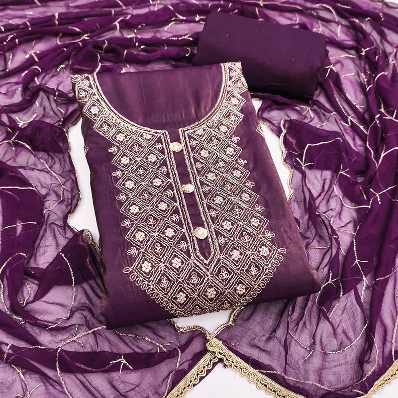 Women's purple embroidery glass cotton dress material