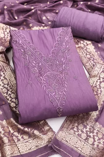 Women's levender embroidery glass cotton dress material