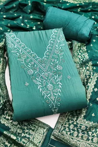 Women's sea green embroidery cotton dress material