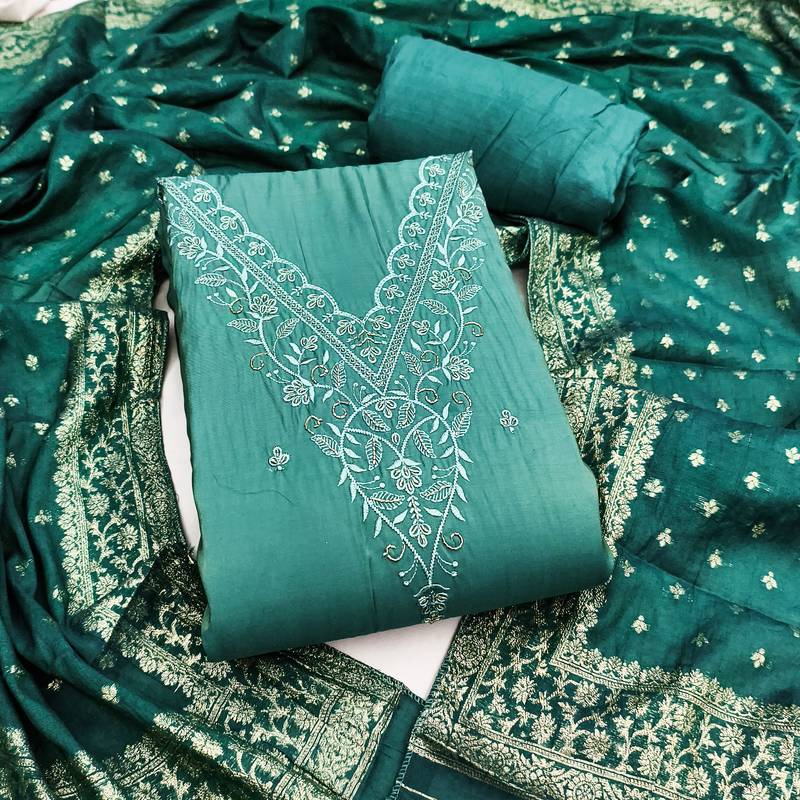Women's sea green embroidery cotton dress material