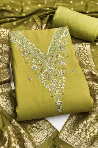 Women's mehandi embroidery glass cotton dress material