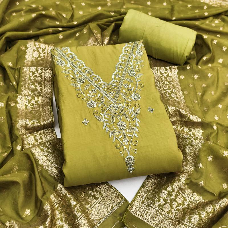 Women's mehandi embroidery glass cotton dress material