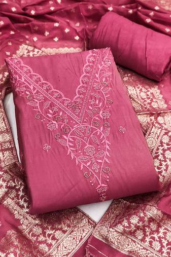 Women's pink embroidery glass cotton dress material