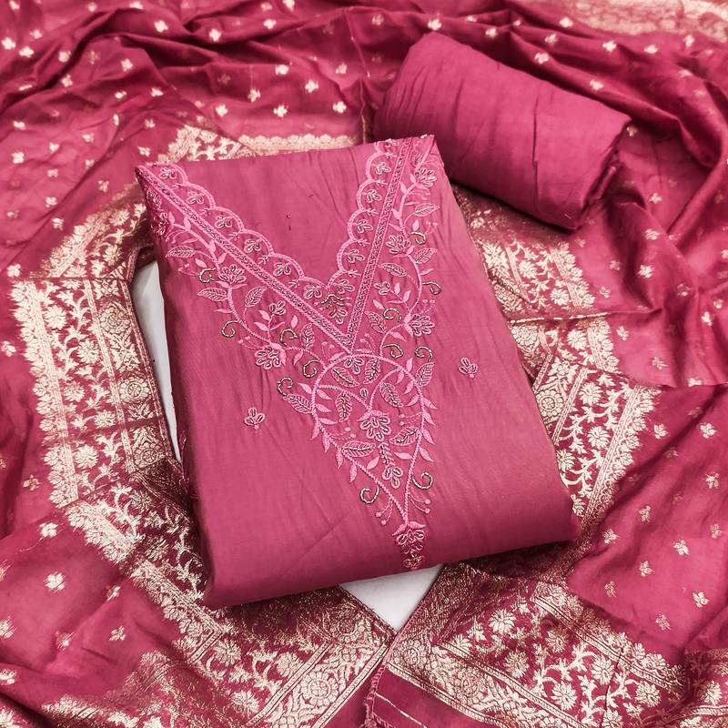 Women's pink embroidery glass cotton dress material