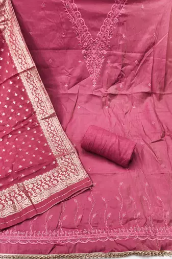  pink embroidery glass cotton dress material