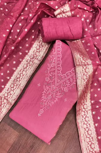  pink embroidery glass cotton dress material