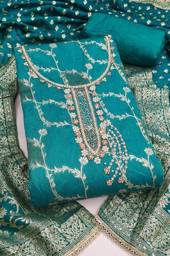 Women's sea green woven cotton silk dress material