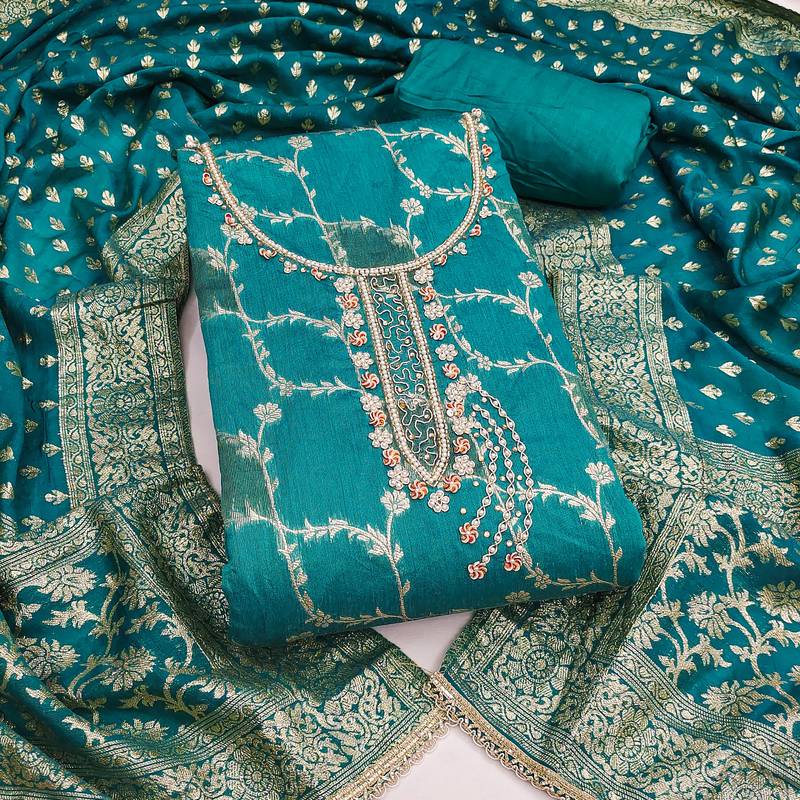 Women's sea green woven cotton silk dress material