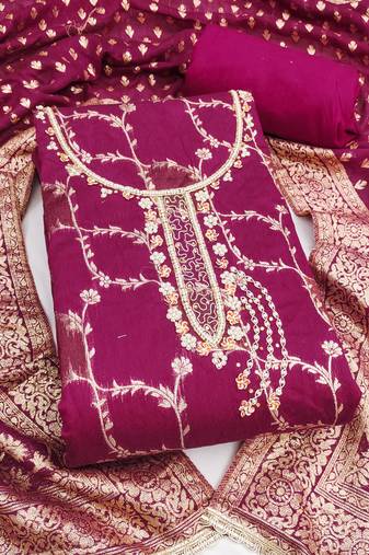 Women's magenta woven cotton silk dress material