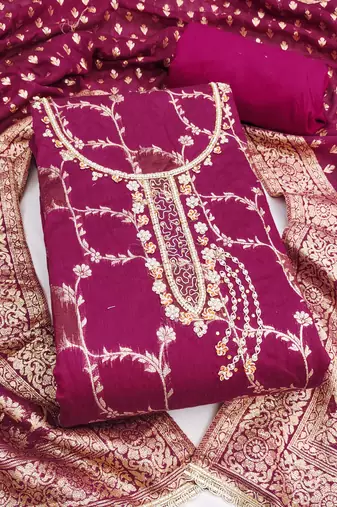 Women's magenta woven cotton silk dress material