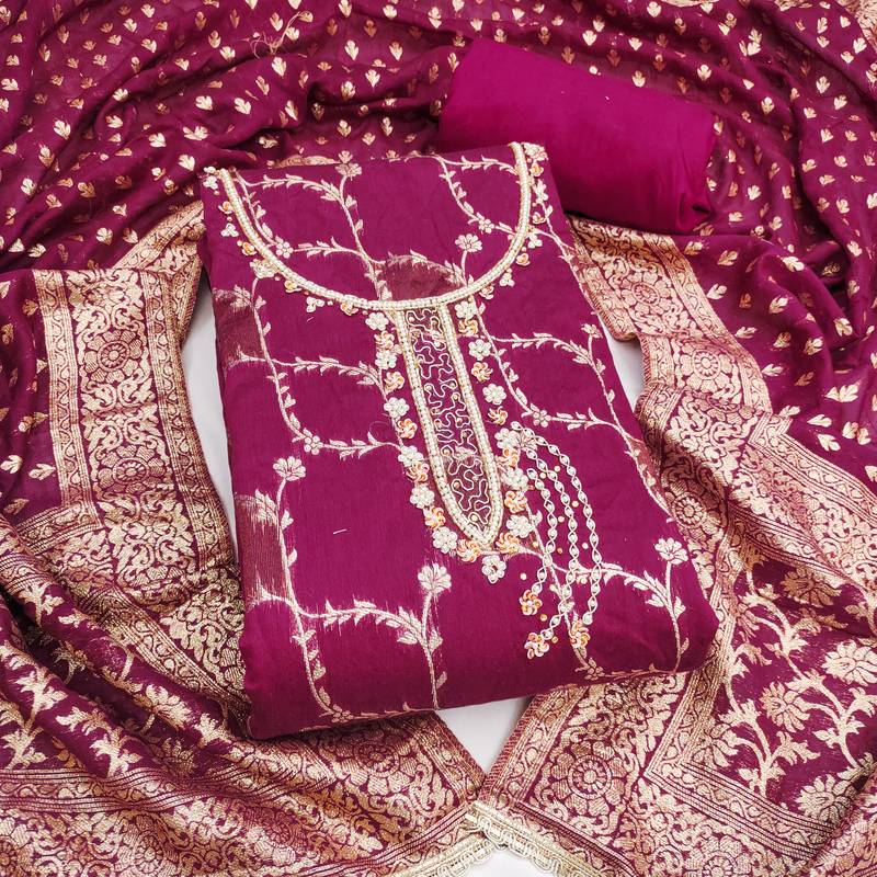 Women's magenta woven cotton silk dress material