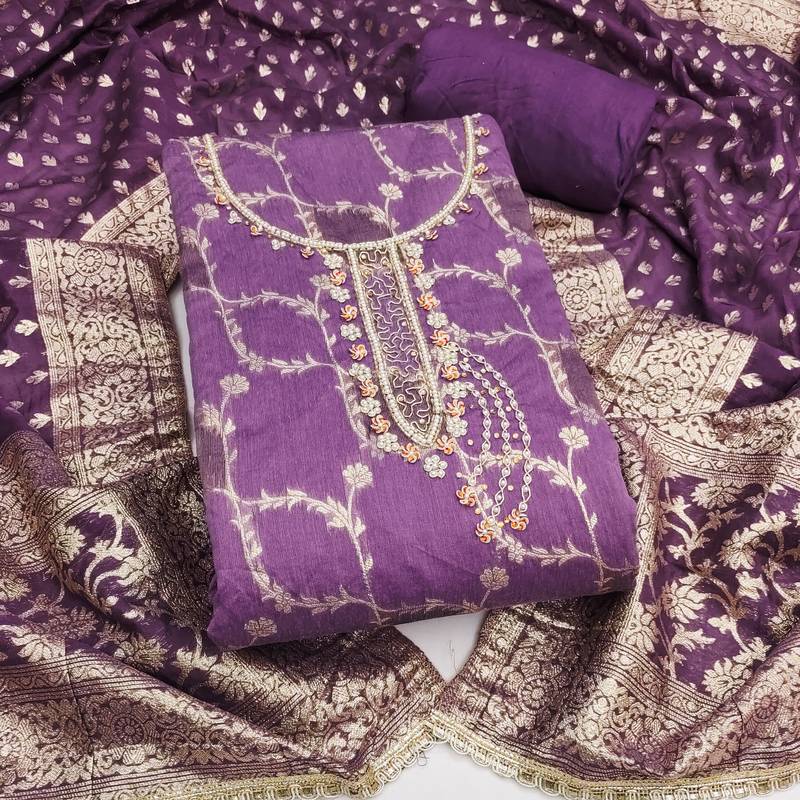 Women's purple woven cotton silk dress material