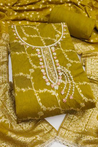 Women's mehandi woven cotton silk dress material