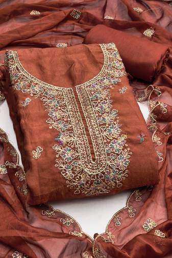 Women's rust embroidery georgette dress material