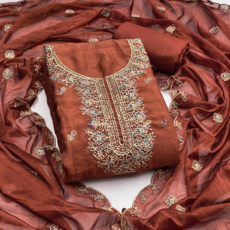 Women's rust embroidery georgette dress material