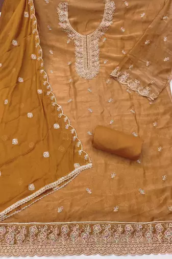  mustard embroidery georgette dress material