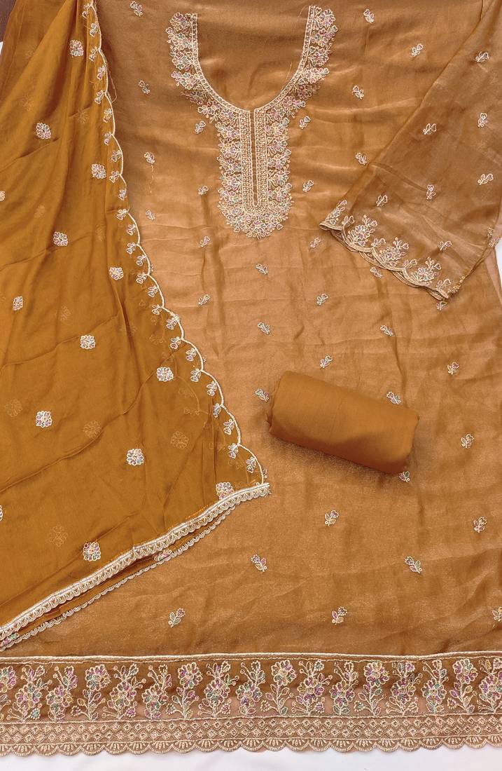 Women's mustard embroidery georgette dress material