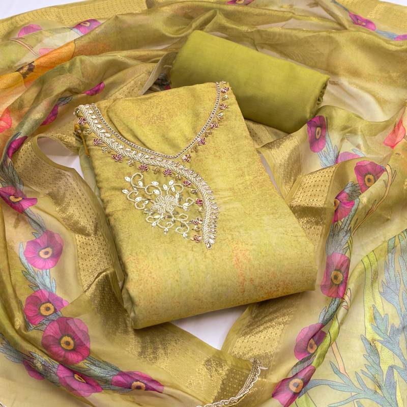 Women's mehandi digital handwork rayon dress material