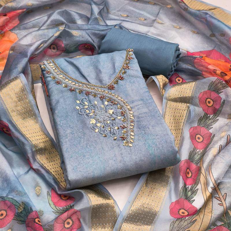 Women's sea green digital handwork rayon dress material