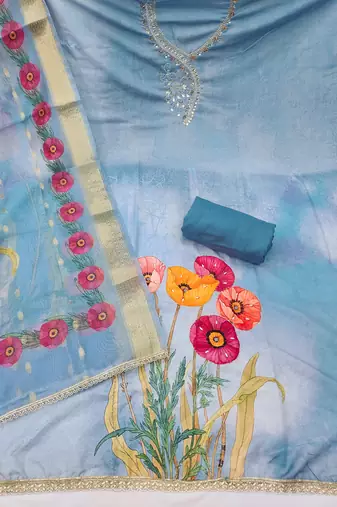  sea green digital handwork rayon dress material