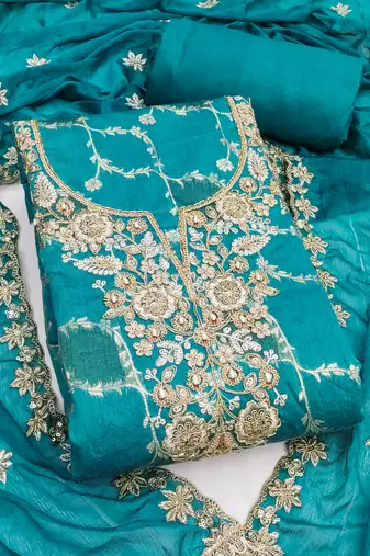 Women's sea green woven handwork silk dress material