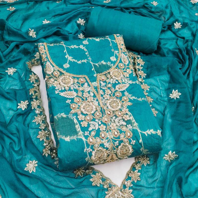 Women's sea green woven handwork silk dress material
