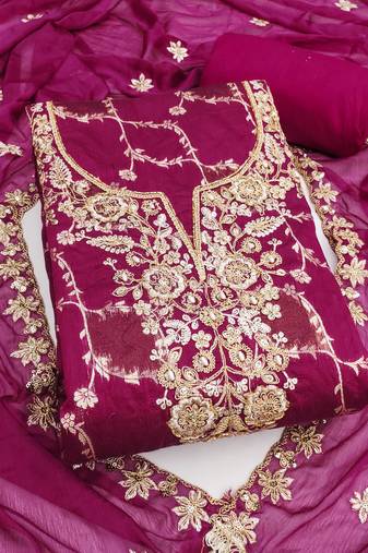 Women's magenta woven handwork silk dress material