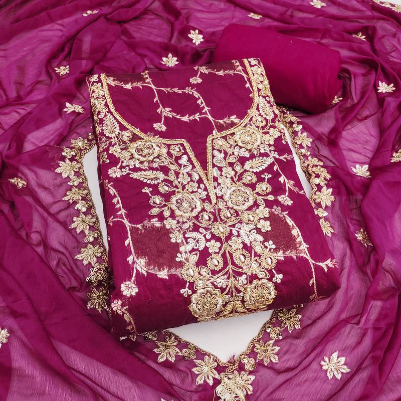 Women's magenta woven handwork silk dress material