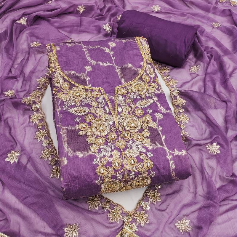 Women's purple woven handwork silk dress material
