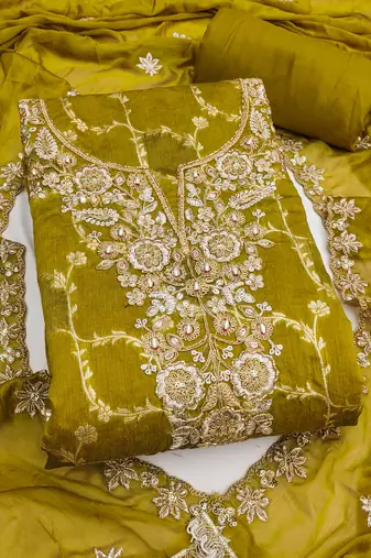 Women's mehandi woven handwork silk dress material