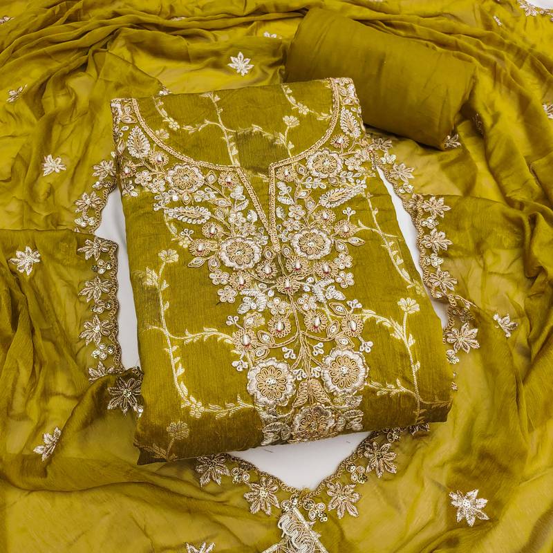 Women's mehandi woven handwork silk dress material