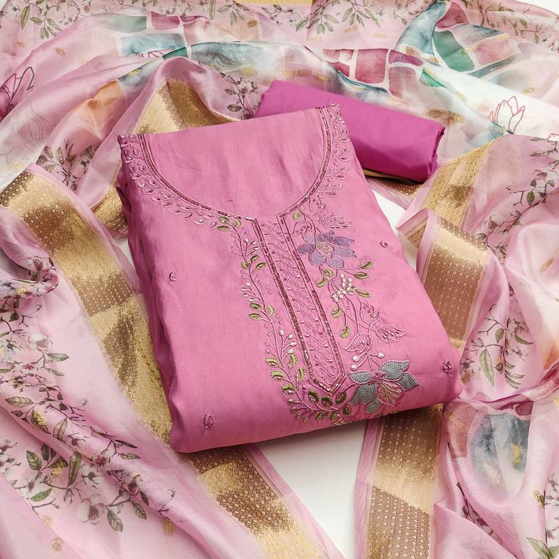 Women's pink hand work p v cotton silk dress material
