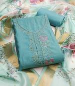 Women's sky blue hand work cotton silk dress material